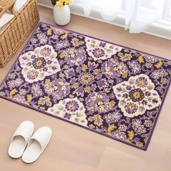 Purple Boho Bathroom Rug Washable 2x3 Entryway Rug Non Slip Ethnic Southwest Country Flowers Motifs Front Door Mat Low Pile Indoor Doormat Throw Floor Carpet for Kitchen Bedroom Entrance