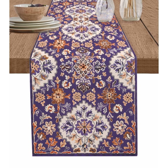 Purple Boho Burlap Cotton Table Runner 13x108 Inches Long, Country Retro Tribal Southwest Pattern Farmhouse Table Runners, Outdoor Dining Tablecloths Decor for Baby Shower/Party/Wedding