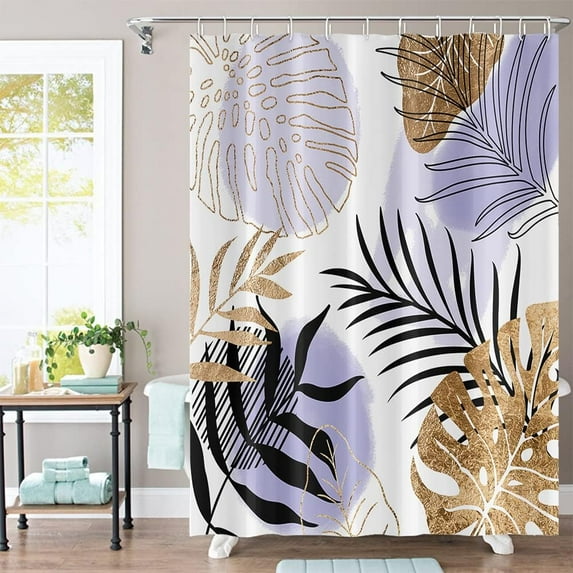 Purple Boho Chic Shower Curtain 72Wx72H Mid Century Geometric Black Golden Abstract Leaves Aesthetic Modern Art Fabric Waterproof Home Bathroom Decor 12 Plastic Hooks