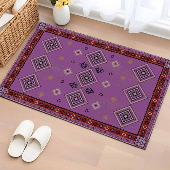 Purple Boho Entryway Rug 2'x3' Non Slip Front Door Mats, Country Abstract Geometric Ethnic Aesthetic Entrance Rugs Indoor Outdoor Carpet, Washable Floor Mats Small Area Rug for Bedroom Kitchen