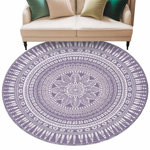 Purple Boho Floral Area Rug, Abstract Art Vintage Bohemian Flower Texture Washable Large Circle Carpet, Non Slip Round Rug for Living Room/Bedroom/Dining Room/Home Office/Dorm