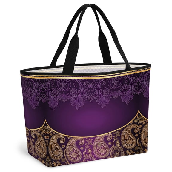 Purple Boho Floral Beach Bag for Women, Large Breathable Mesh Beach Tote Bag, Vintage Ethnic Tribal Abstract Art Sandproof Lightweight Travel Bags for Vacation Picnic Swimming Pool 15.7"x15.7"x9.1"
