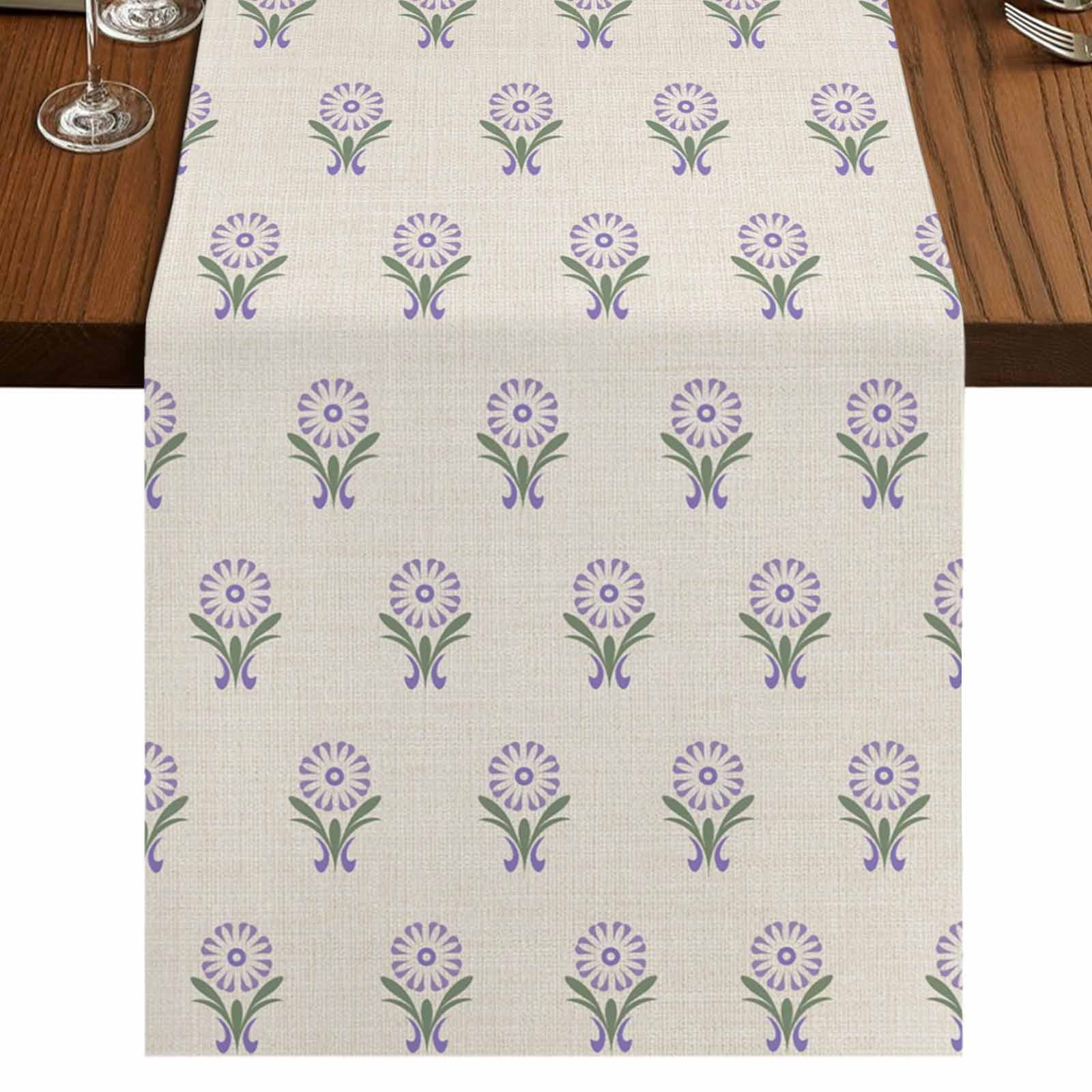 Purple Boho Floral Burlap Cotton Table Runner 16x72 Inches Long, Modern Abstract Flowers Bohemia Beige Farmhouse Table Runners, Outdoor Dining Tablecloths Decor for Baby Shower/Party/Wedding