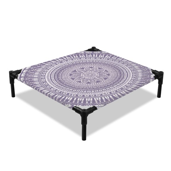 Purple Boho Floral Elevated Dog Bed, Abstract Art Vintage Bohemian Flower Texture Cooling Breathable Outdoor Raised Dog Cot Bed with Metal Frame Non-Slip Feet for Small Dog 20x20in