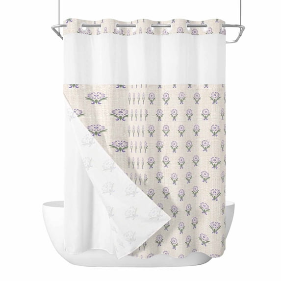 Purple Boho Floral No Hook Shower Curtain with Snap in Liner, Waterproof Fabric Shower Curtains, Modern Abstract Flowers Bohemia Beige Shower Curtain Set Top See Through for Bathroom 60"x72"