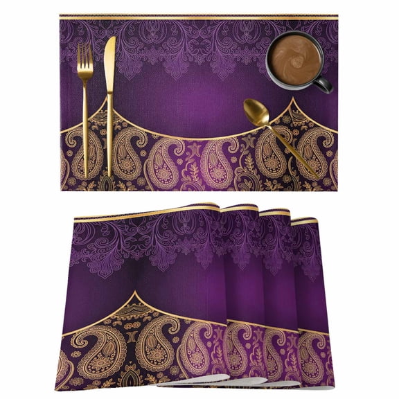 Purple Boho Floral Placemats Set of 8 Vintage Ethnic Tribal Abstract Art Place Mats Indoor Wipeable Table Mats Washable Cloth Dining Table Placemats for Kitchen Holiday Party Home Decor 13x19 Inch