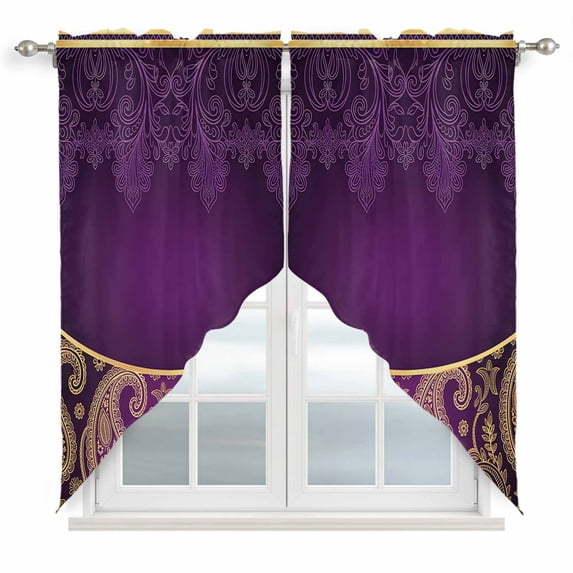 Purple Boho Floral Swag Valances for Windows 2 Pack, Kitchen Window Curtains 36 Inch Length, Vintage Ethnic Tribal Abstract Art Privacy Swag Curtains for Living Room/Bathroom with Rod Pocket 36"x36"