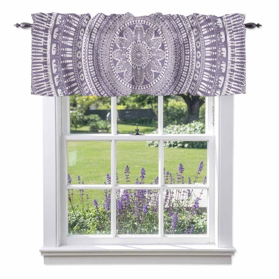 Purple Boho Floral Valances for Windows Abstract Art Vintage Bohemian Flower Texture Rod Pocket Cafe Window Treatments Valance Curtains for Kitchen Bathroom Laundry Basement Windows 60"x14"