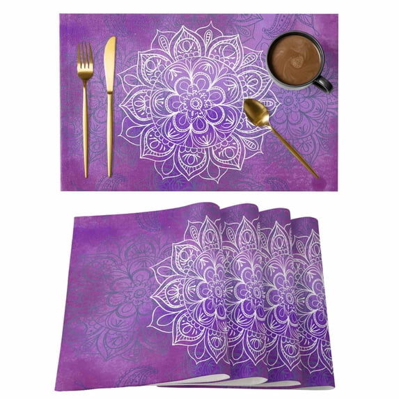 Purple Boho Flowers Placemats Set of 8, Vintage Abstract Watercolor Purple Bohemia Floral Non-Slip Place Mats Washable Table Mats for Kitchen Dining Table Decorations Indoor/Outdoor