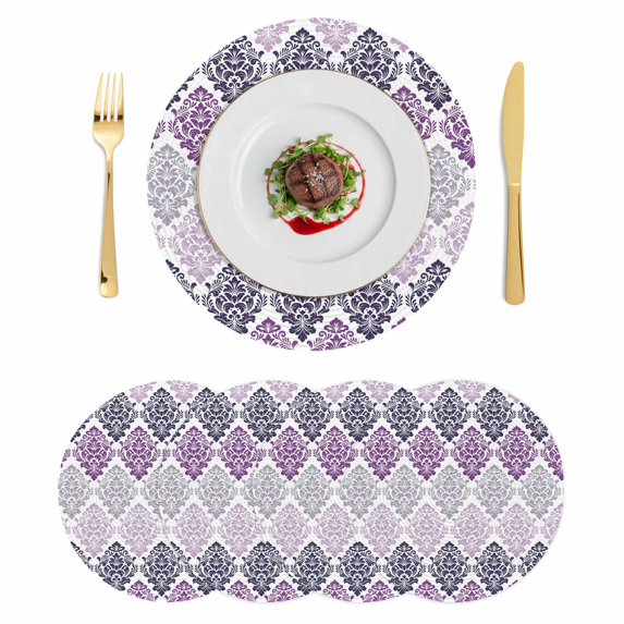 Purple Boho Flowers Round 13 Inch Placemats Set of 4, Modern Luxurious Geometric Floral HeatResistant Non Slip Place Mats for Dining Table, Wipeable Braided Kitchen Table Mats for Housewarming
