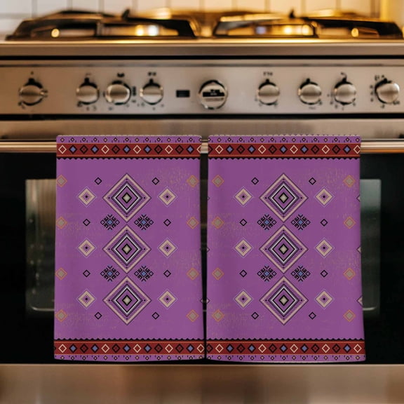 Purple Boho Kitchen Towels Set of 1, Country Abstract Geometric Ethnic Aesthetic Absorbent Dish Towels for Kitchen, Microfiber Hand Towel, Quick Drying Tea Towel for Cleaning Decorative Dishcloths
