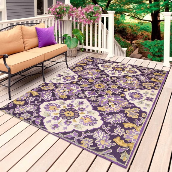 Purple Boho Outdoor Rug 3x5 Ft, Non Slip Washable Area Rug, Ethnic Southwest Country Flowers Motifs Patio Rugs Carpet Runner, Large Floor Mat for Indoor/Outdoor Deck Porch Camping