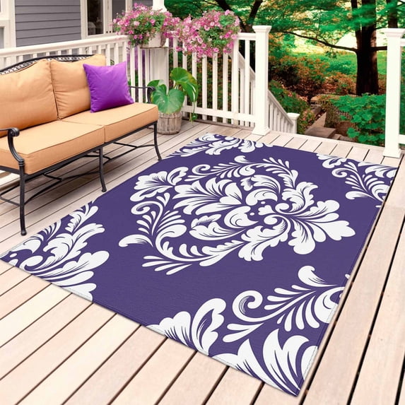 Purple Boho Outdoor Rug 6x9 Ft, Non Slip Washable Area Rug, Vintage Classic Bohemia Flower Textured Patio Rugs Carpet Runner, Large Floor Mat for Indoor/Outdoor Deck Porch Camping