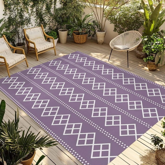 Purple Boho Outdoor Rug for Patio/Deck/Porch, Non-Slip Large Area Rug 3 x 5 Ft, Vintage Ethnic Tribe Abstract Art Indoor Outdoor Rugs Washable Area Rugs, Reversible Camping Rug Carpet Runner