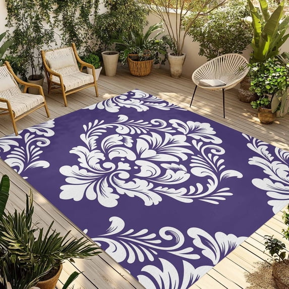 Purple Boho Outdoor Rug for Patio/Deck/Porch, Non-Slip Large Area Rug 6 x 9 Ft, Vintage Classic Bohemia Flower Textured Indoor Outdoor Rugs Washable Area Rugs, Reversible Camping Rug Carpet Runner