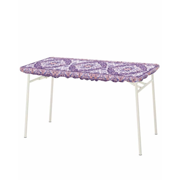 Purple Boho Rectangle Tablecloth, Waterproof Elastic Fitted Table Covers for 8 Foot Tables, 32x96inch Decorative Tablecloths for Picnic, Camping, Indoor, Outdoor, Ethnic Geometric Middle Century Art