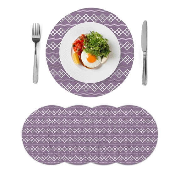Purple Boho Round 15 Inch Placemats Set of 4, Vintage Ethnic Tribe Abstract Art HeatResistant Non Slip Place Mats for Dining Table, Wipeable Braided Kitchen Table Mats for Housewarming