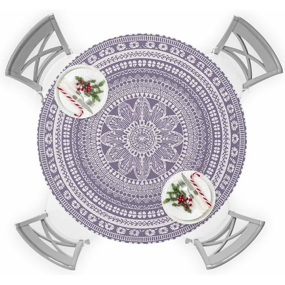 Purple Boho Round Tablecloth for 45"-54" Tables, Waterproof Outdoor Table Cloths 54 Inch Round Fitted Tablecloth with Elastic, Mantoro Flower Modern Abstract Bohemian Floral Table Cloth Cover