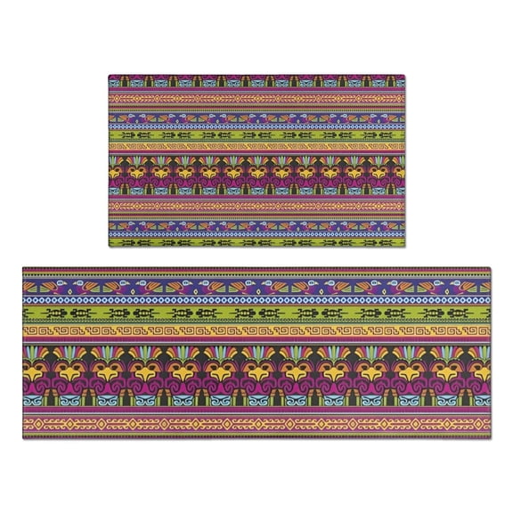 Purple Boho Tribal Birds and Meanders Pattern Kitchen Rugs Sets Of 2,Anti Fatigue Kitchen Mat Rugs Non Slip Washable,Decorative Kitchen Floor Mats for Kitchen,Sink,Laundry,17"x30"+17"x47"