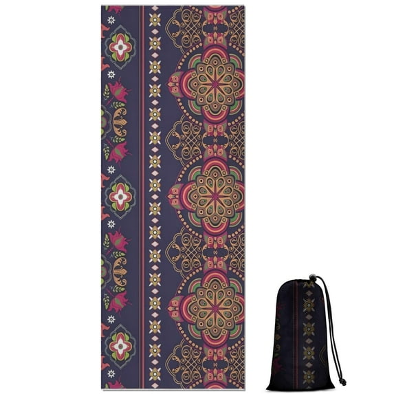 Purple Boho Tribal Floral and Mandalas Pattern Hot Yoga Mat Towel Non Slip for Hot Yoga - Quick-Drying Yoga Mat Cover with 4 Corner Pockets with Travel Bag - Hot Yoga Towel Non Slip 74"x26"