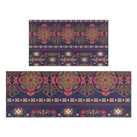 Purple Boho Tribal Floral and Mandalas Pattern Kitchen Rugs Sets Of 2,Anti Fatigue Kitchen Mat Rugs Non Slip Washable,Decorative Kitchen Floor Mats for Kitchen,Sink,Laundry,17"x30"+17"x47"
