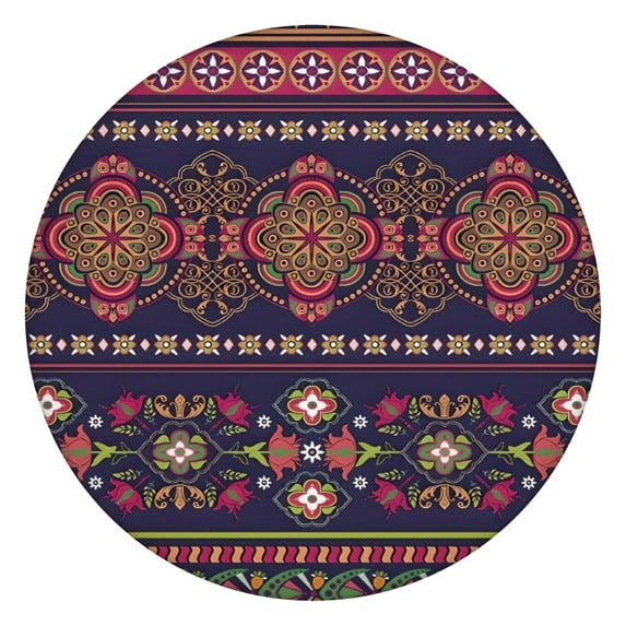 Purple Boho Tribal Floral and Mandalas Pattern Round Fitted Tablecloth with Elastic Edge,Dining Table Cover Waterproof,Outdoor Round Tablecloth for Camping,Dining,Indoor and Outdoor