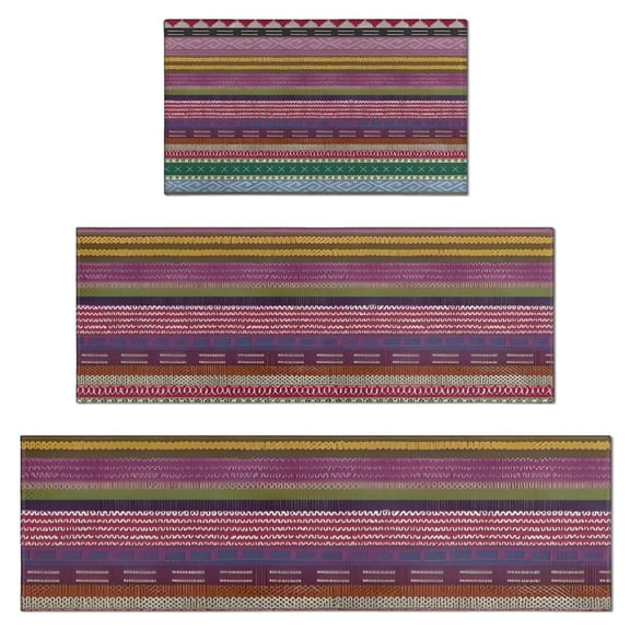 Purple Boho Tribal Stripes and Hearts Pattern Kitchen Rugs Sets Of 3,Kitchen Runner Rugs Non Skid Washable,Decorative Kitchen Floor Mats for Kitchen,Sink,Laundry,17"x30"+ 17"x47" + 17"x59"
