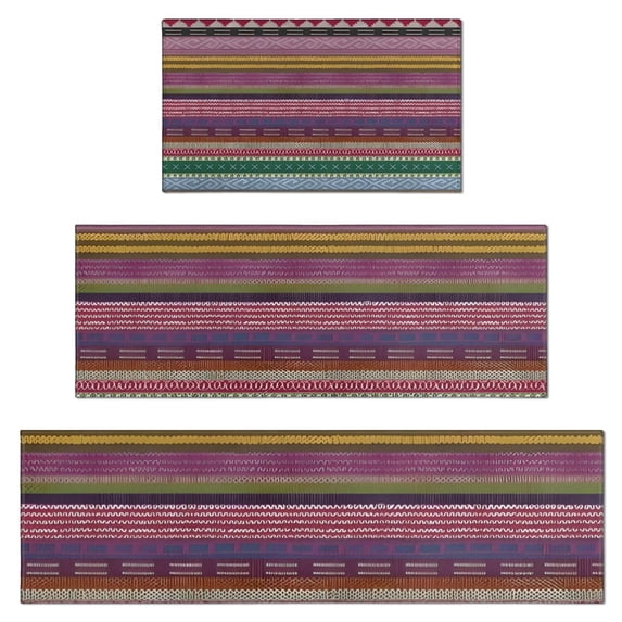 Purple Boho Tribal Stripes and Hearts Pattern Kitchen Rugs Sets Of 3,Kitchen Runner Rugs Non Skid Washable,Decorative Kitchen Floor Mats for Kitchen,Sink,Laundry,17"x30"+ 17"x47" + 17"x59"