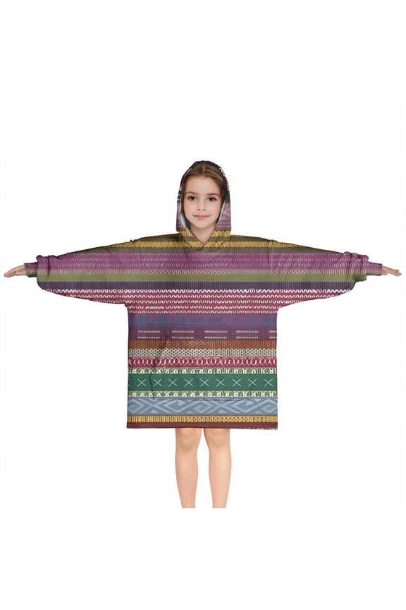 Purple Boho Tribal Stripes and Hearts Pattern Blanket Hoodies for Kids 6-13YR Oversize Wearable Blanket Hoodies for Boys Girls Teens
