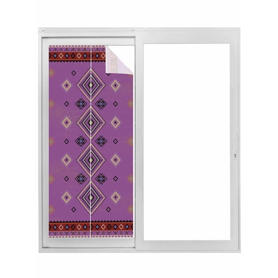 Purple Boho Window Privacy Film, Country Abstract Geometric Ethnic Aesthetic Static Cling UV Sun Blocking Tint Film Heat Control Windows Films for Bedroom Bathroom, Window Stickers 17.7"x39.3"