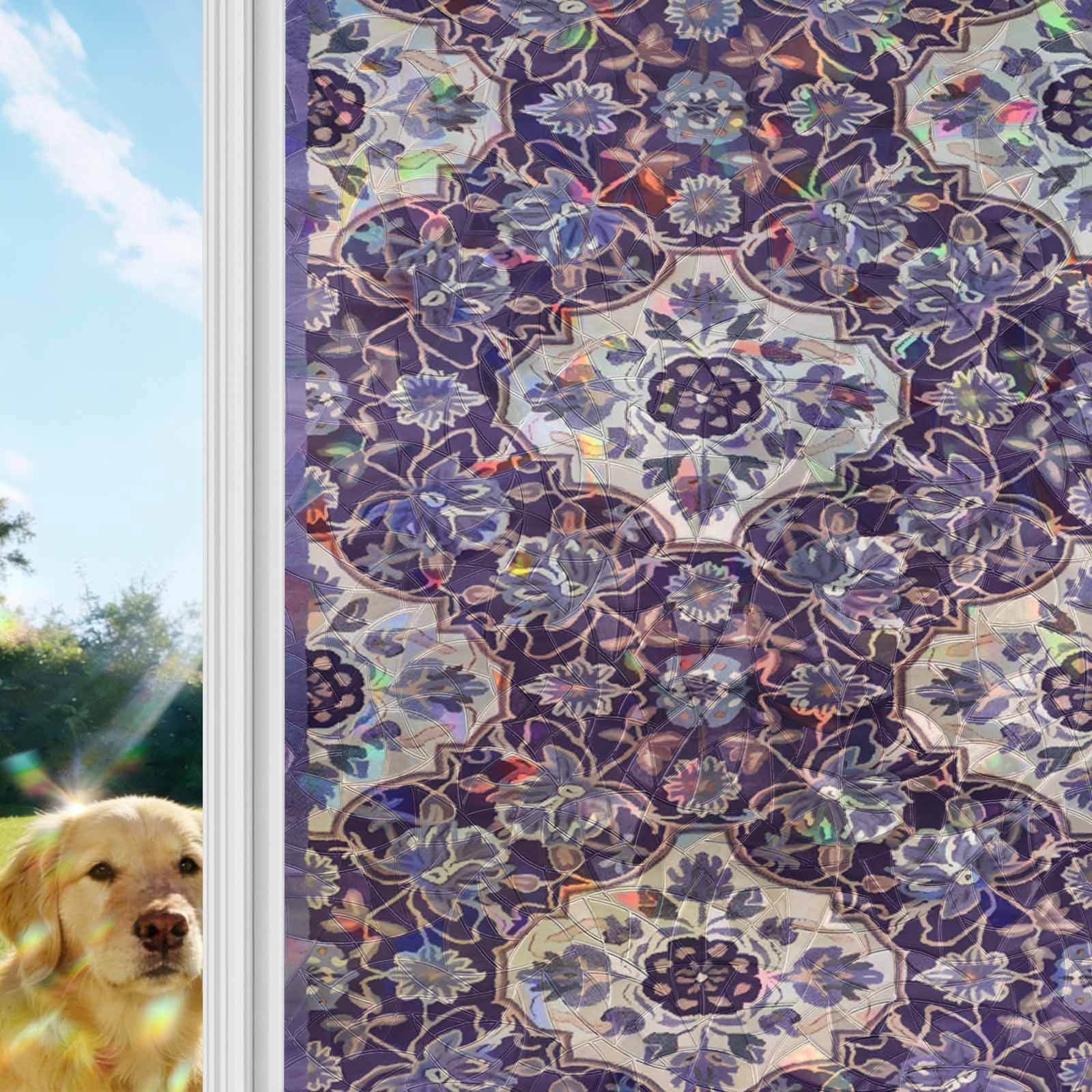 Purple Boho Window Privacy Film Stain Glass,Reusable Decorative Rainbow Window Film,Farmhouse Ethnic Abstract Floral Pattern Static Cling Sun Blocking Stickers Decals Covers 23.6" x 59" (2pcs)
