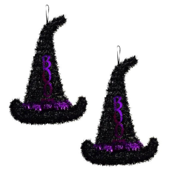 Purple Boo Tinsel Witch's Hat Decorations 15.5x11.5In Halloween Holiday Door Wreath Mage Doorway Walls Ceilings Tree DIY Art Material Supply Craft Garland Banner Party Favor Indoor Outdoor Pack of 2