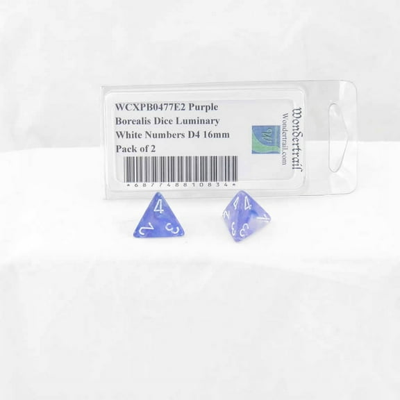 Purple Borealis Dice Luminary with White Numbers D4 Aprox 16mm (5/8in) Pack of 2 Wondertrail