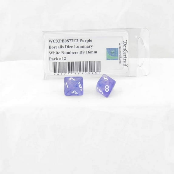 Purple Borealis Dice Luminary with White Numbers D8 Aprox 16mm (5/8in) Pack of 2 Wondertrail