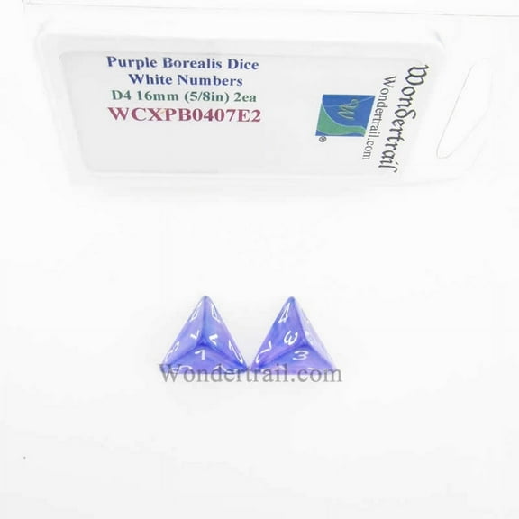 Purple Borealis Dice with White Numbers D4 Aprox 16mm (5/8in) Pack of 2 Wondertrail