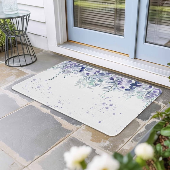 Purple Botanical Door Mat Indoor Outdoor, Spring Weeping Eucalyptus Leaves Non Slip Welcome Mat with Rubber Backing, Absorbent Fabric Front Door Mats Entryway Rug for Home Patio Entrance 16"x24"