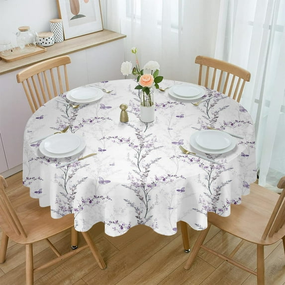 Purple Botanical Round Tablecloth 60 Inch - Waterproof Fabric Table Cloth Protector, Butterfly Spring Floral Summer Botanical Tablecloths Washable Table Cover for Kitchen Banquet Coffee Table Party