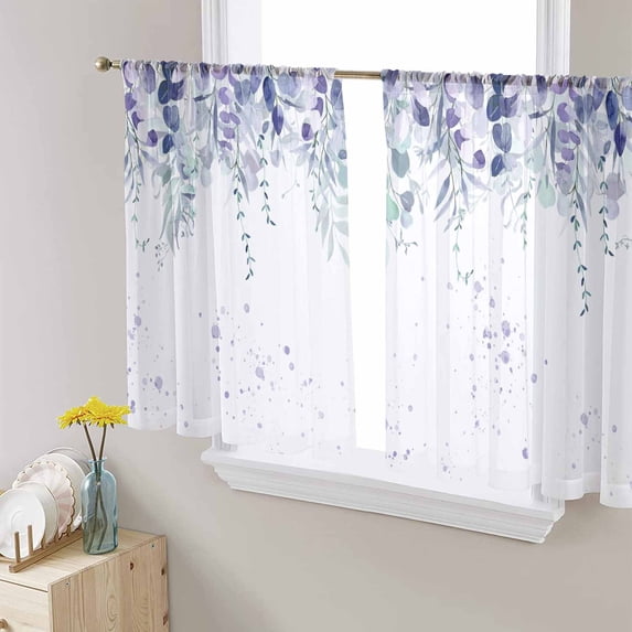 Purple Botanical Semi Sheer Curtains 45 Inch Length 2 Panels Set, Spring Weeping Eucalyptus Leaves Sheer Kitchen Curtain Privacy Voile Window Curtain for Living Room Bedroom Rod Pocket Drapes