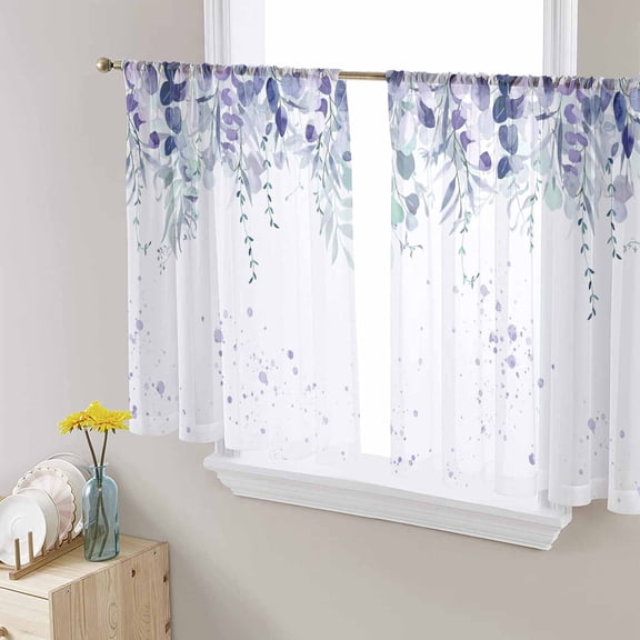 Purple Botanical Semi Sheer Curtains 54 Inch Length 2 Panels Set, Spring Weeping Eucalyptus Leaves Sheer Kitchen Curtain Privacy Voile Window Curtain for Living Room Bedroom Rod Pocket Drapes