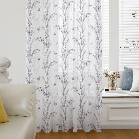 Purple Botanical Semi Sheer Curtains Drapes for Living Room,Bedroom,French Doors Window 45 Inches Long,Butterfly Spring Floral Summer Botanical Rod Pocket Chiffon Curtain Drapery Voile Drape Panel