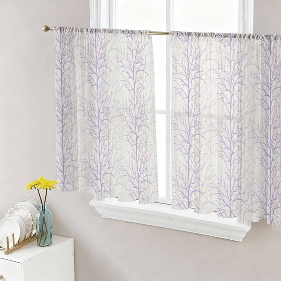 Purple Botanical Sheer Curtains 45 Inch Length 2 Panels Set, Farmhouse Spring Summer Branch Voile Window Treatment Rod Pocket Small Kitchen Curtains Drapes for Bedroom 52"x45"x2