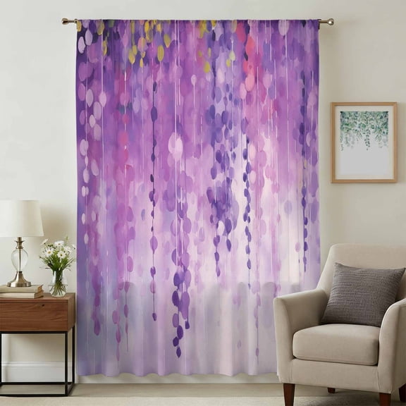 Purple Botanical Sheer Curtains 96 Inches Long, Watercolor Spring Floral Oil Painting Elegant Light Filering Curtains, Privacy Drapes Simi Floor to Veiling Curtain for Living Room Window Treatment