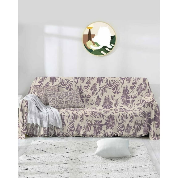 Purple Botanical Sofa Covers for 3 Cushion,Washable Couch Cover for Sectional Sofa Slipcoverwith Tassel,Rustic Summer Tropical Floral Leaves Loveseat Covers Futon Cover Throw Blanket 71''x118''