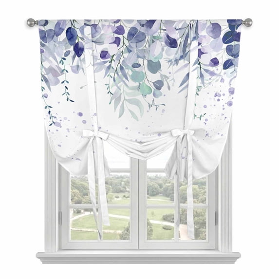 Purple Botanical Tie Up Curtain Valance for Window,Adjustable Rod Pocket Window Curtains Shades,Spring Weeping Eucalyptus Leaves Light Filtering Valance Drapes for Kitchen Living Room Bedroom 42"x63"