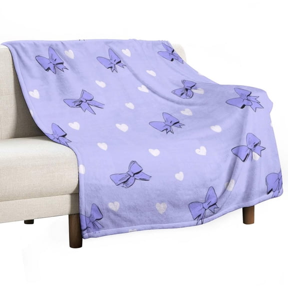 Purple Bow And Heart Pattern Throw Blanket Warm Microfiber Flannel Bedroom Decor Blankets For Beds