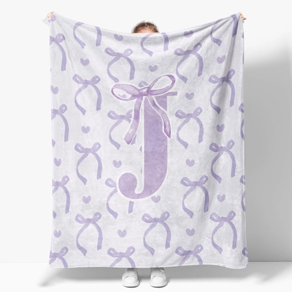 Purple Bow Blanket,Personalized Initial J Soft Fluffy Cozy Flannel Blanket,Monogrammed Gifts for Daughter Women Teen Women,Customized Blanket for Bedding Bedroom Office,50x60 Inches