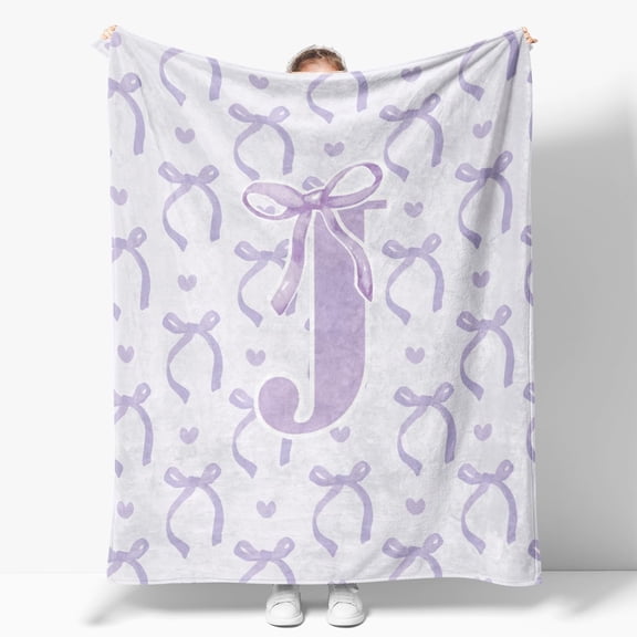 Purple Bow Blanket,Personalized Initial J Soft Fluffy Cozy Flannel Blanket,Monogrammed Gifts for Daughter Women Teen Women,Customized Blanket for Bedding Bedroom Office,50x60 Inches