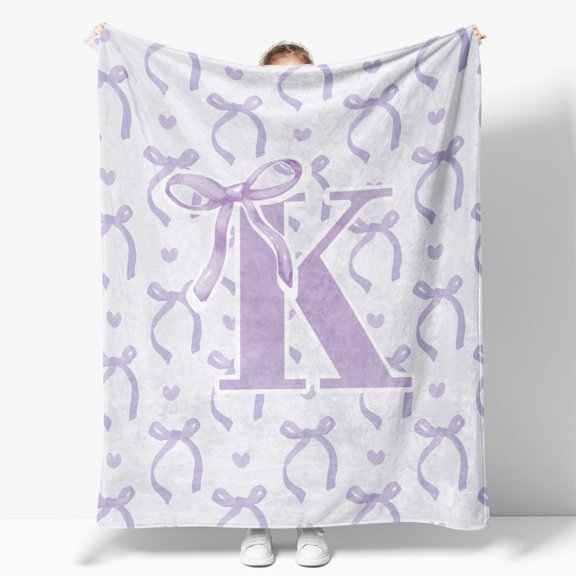 Purple Bow Blanket,Personalized Initial K Soft Fluffy Cozy Flannel Blanket,Monogrammed Gifts for Daughter Women Teen Women,Customized Blanket for Bedding Bedroom Office,50x60 Inches