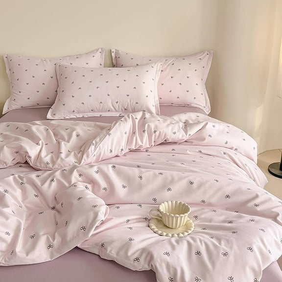Purple Bow Duvet Cover Bows Bowknot Print Kawaii Bedding Set Kids Girls Cute Black Bow Tie Microfiber Comforter Cover with Zipper Closure King Size