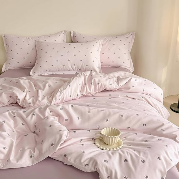 Purple Bow Duvet Cover Bows Bowknot Print Kawaii Bedding Set Kids Girls Cute Black Bow Tie Microfiber Comforter Cover with Zipper Closure Queen Size